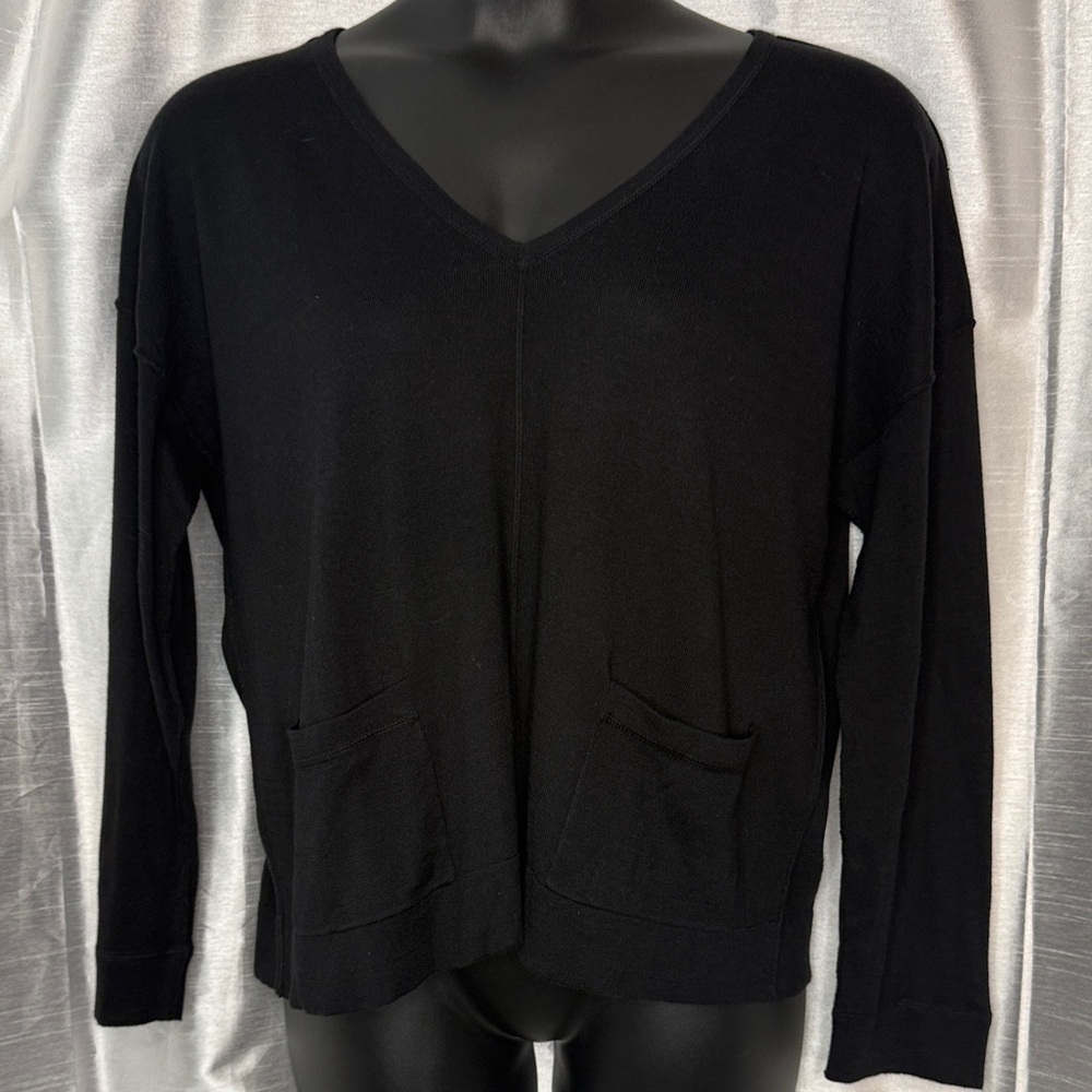 Cupio Sweater Black V Neck Drop Shoulder Reverse Hem Pockets Women’s XL Relaxed